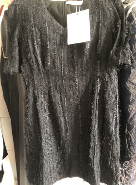 NEWOPEN韩版短袖流苏连衣裙女夏季新款时尚显瘦短裙气质v领小黑裙