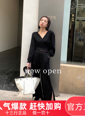 NEWOPEN十三行正品黑色时尚运动套装女春休闲上衣开衩裤子两件套
