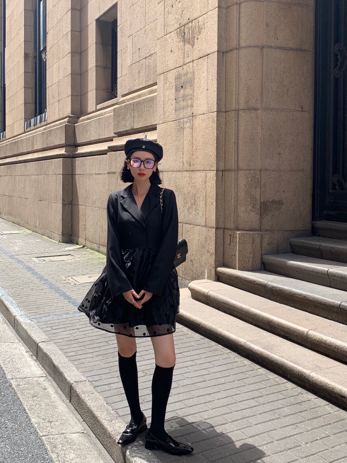 NEWOPEN2021秋季新款西装连衣裙女波点网纱拼接polo领小个子短裙
