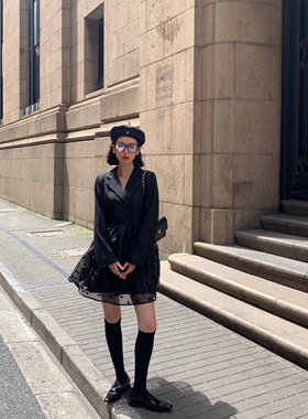 NEWOPEN2021秋季新款西装连衣裙女波点网纱拼接polo领小个子短裙