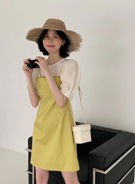 NEWOPEN韩版小个子拼色假两件连衣裙女夏时尚气质A字裙褶皱短裙子