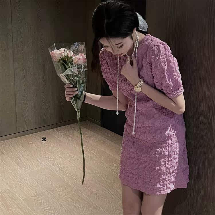 T.too韩版压褶肌理感连衣裙女夏新款短袖气质短裙泡泡袖显瘦裙子