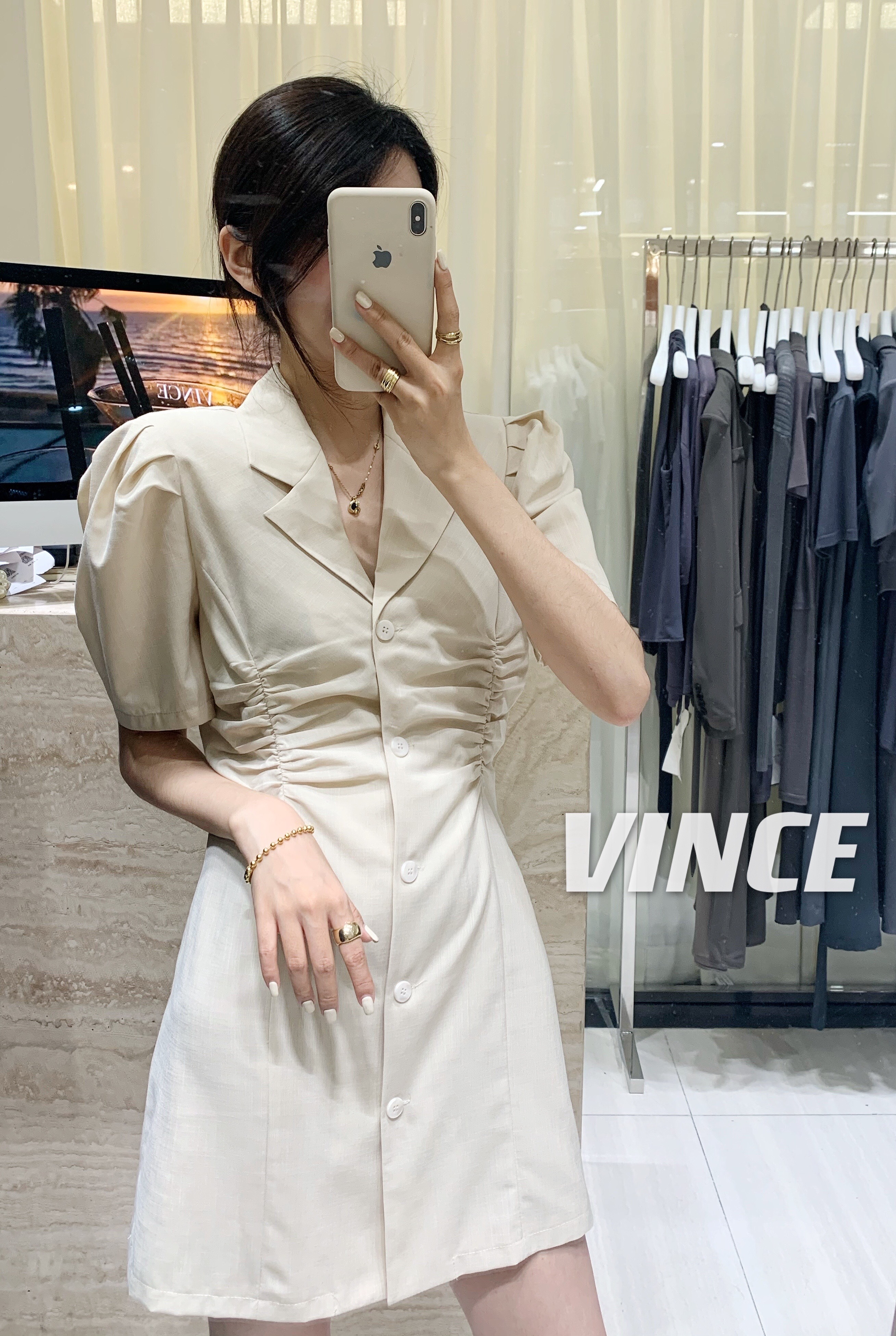 VINCE西装设计连衣裙女 欧美时尚气质短裙夏季新款抽绳泡泡袖裙子