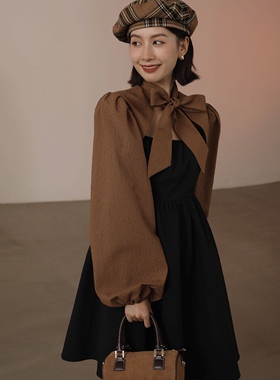 NEWOPEN围巾领假两件连衣裙女秋季新款韩版蝴蝶结绑带泡泡袖短裙