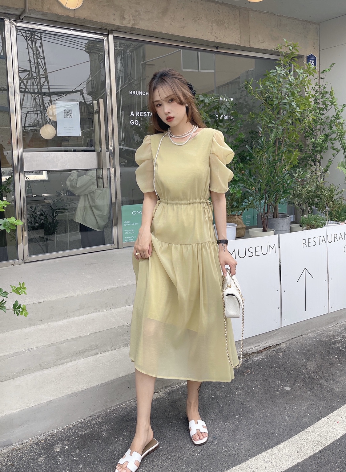 J2.J1WG韩版高腰系带泡泡袖连衣裙女夏新款甜美减龄长裙气质裙子