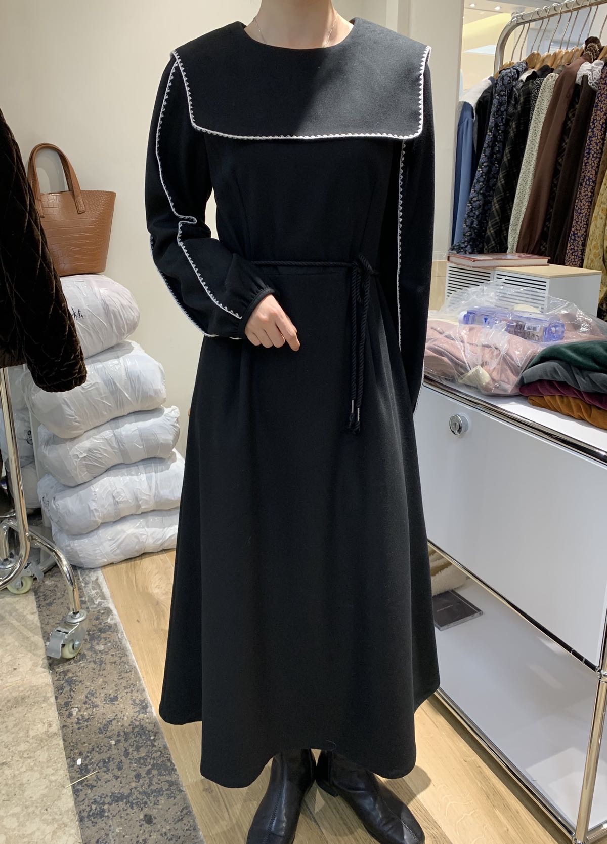 NEW OPEN赫本风连衣裙女秋冬韩版长袖针织过膝收腰显瘦系带中长裙