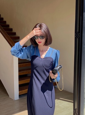 NEWOPEN假两件连衣裙女秋新款韩版复古拼接收腰显瘦长裙链条裙子