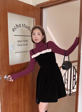 NEWOPEN超甜美丝绒吊带连衣裙女冬季新款韩版收腰蝴蝶结设计短裙