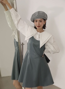 NEWOPEN吊带连衣裙女秋新款法式U领小个子短裙pu皮高腰显瘦蓬蓬裙