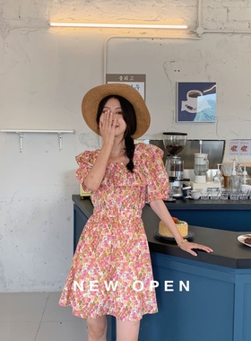 NEWOPEN碎花连衣裙女夏季新款法式a字裙泡泡袖短裙收腰粉红色裙子