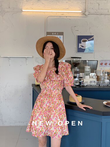 NEWOPEN碎花连衣裙女夏季新款法式a字裙泡泡袖短裙收腰粉红色裙子