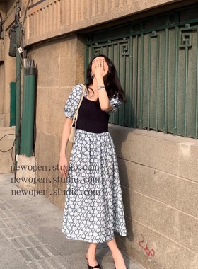 newopen碎花拼接连衣裙女夏季新款韩版气质收腰打揽设计大摆裙子