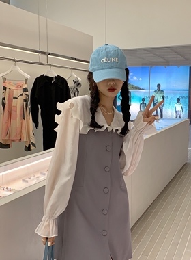 NEWOPEN法式拼接假两件连衣裙女春新款木耳边娃娃领气质撞色短裙