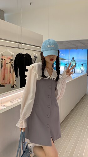 NEWOPEN法式拼接假两件连衣裙女春新款木耳边娃娃领气质撞色短裙