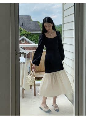 NEWOPEN日系撞色方领连衣裙女秋季新款垂感拼接淑女气质休闲长裙