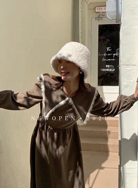 NEWOPEN毛毛娃娃领连衣裙女冬新款韩版收腰显瘦长裙保暖可爱裙子