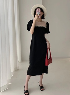 NEWOPEN法式名媛甜美连衣裙女夏泡泡袖收腰显瘦A字裙镂空网纱裙子