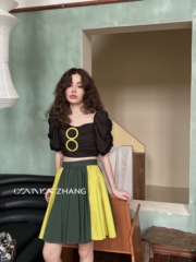 COMMON ZHANG韩版黄绿拼色压褶半身裙女高腰显瘦短裙复古洋气裙子
