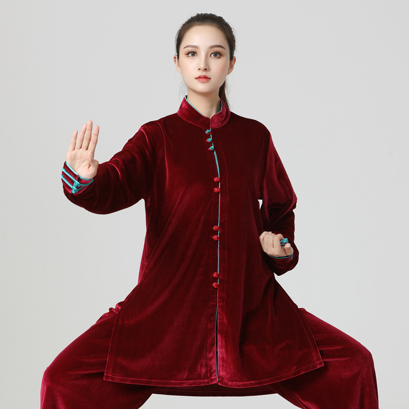 厚款太极服秋冬新款南韩绒表演服练功演出金丝绒套装女加长太极服