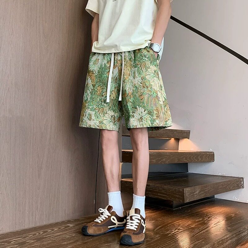彩绘油画菊花扎染短裤男夏季夏威夷沙滩大裤衩vintage美式五分裤图片