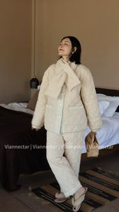 温温家特价清原创设计师品牌维安花密三层夹棉睡衣家居服套装