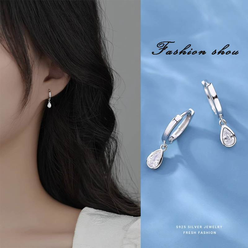 水滴形耳圈女锆石轻奢小众高级感设计耳扣S925纯银张子枫同款耳环