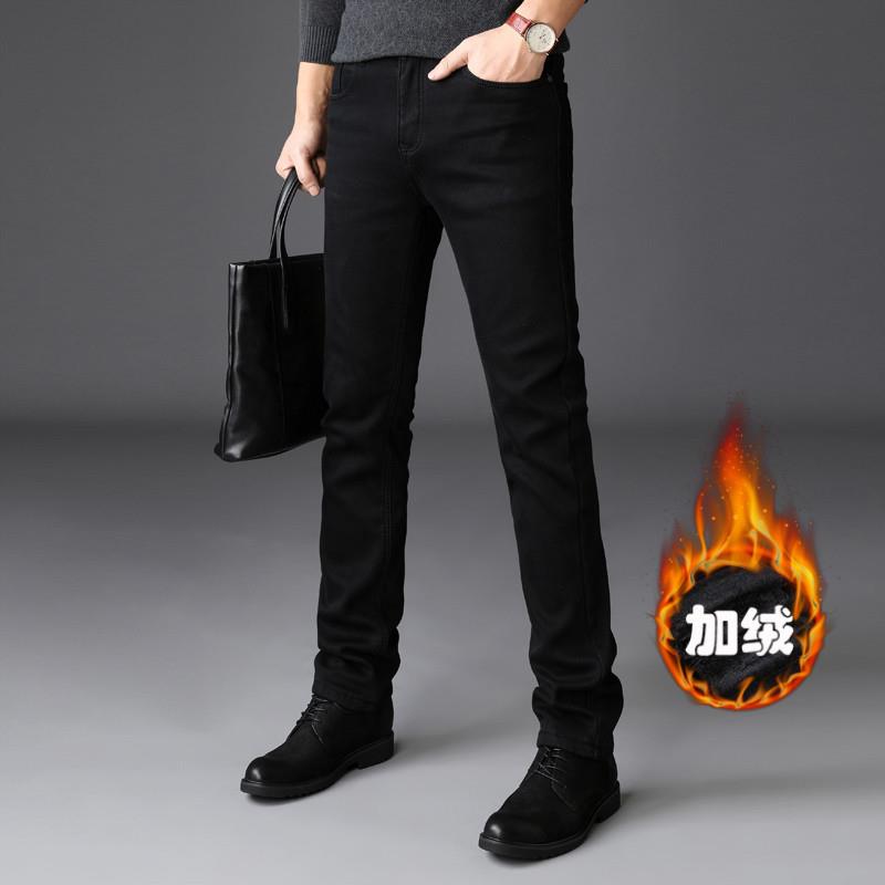 香港秋冬款黑色牛仔裤男直筒宽松加绒加厚保暖冬季休闲男士长裤子