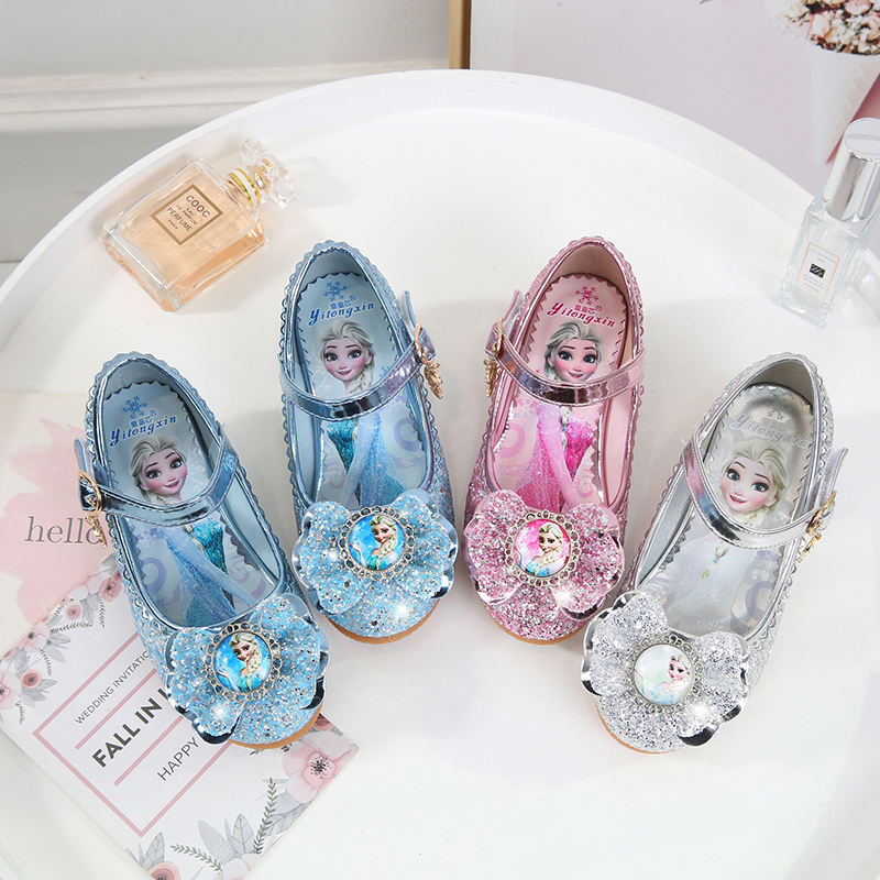 女童艾莎公主鞋2025冰雪奇缘水晶鞋高跟新款洋气闪亮演出鞋魔术贴