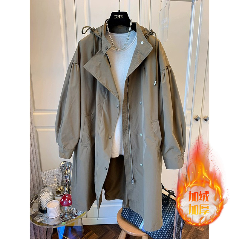 中长款连帽风衣外套女装冬季大码胖mm宽松加绒加厚休闲复古冲锋衣