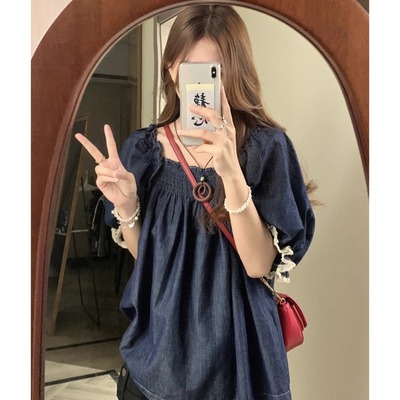 夏季新款法式方领一字肩泡泡袖牛仔衬衫女大码胖mm洋气质显瘦上衣