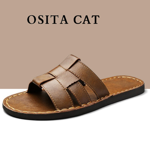 OSITACAT男士真皮透气防滑凉鞋