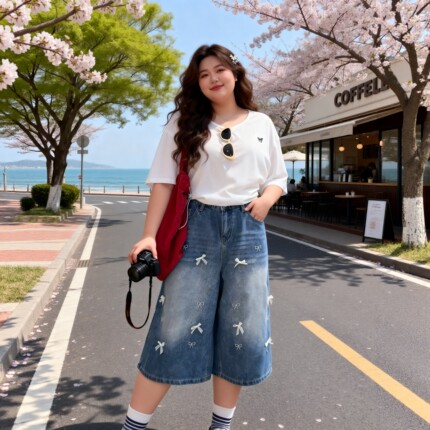 阿乐福大码胖甜美蝴蝶结牛仔阔腿裤女夏季高腰显瘦七分裤宽松百搭