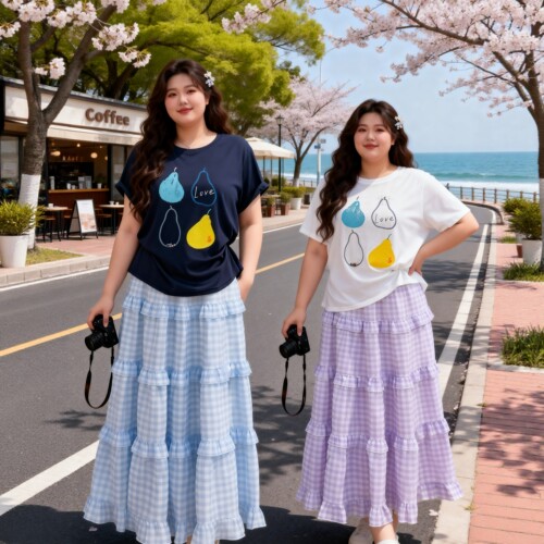 大码夏季短袖格子蛋糕裙两件套