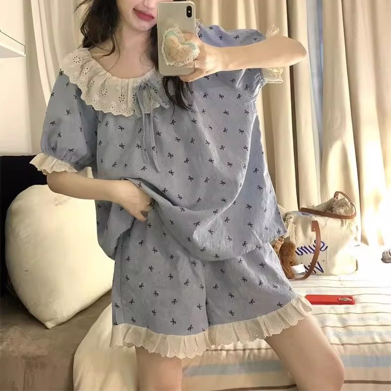 甜美花边碎花睡衣女夏季新款短袖短裤宽松可外穿高级感家居服套装