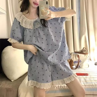 宽松可外穿高级感家居服套装 甜美花边碎花睡衣女夏季 长裤 新款 短袖