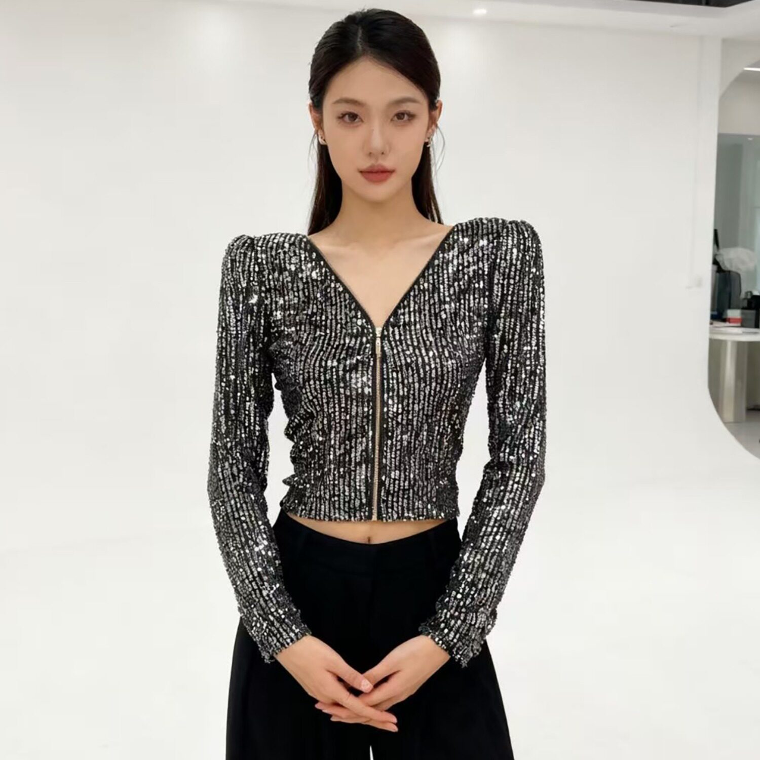 闪亮片网纱外套女春秋欧洲站高级感表演出服修身薄款拉链短款上衣