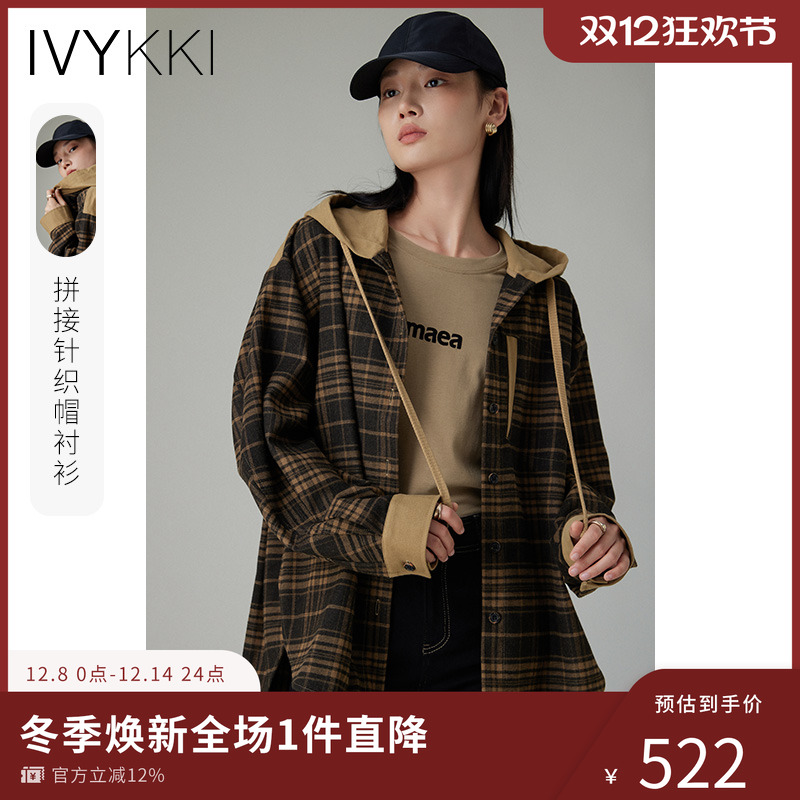 ivykki宽松复古长袖格纹衬衫外套