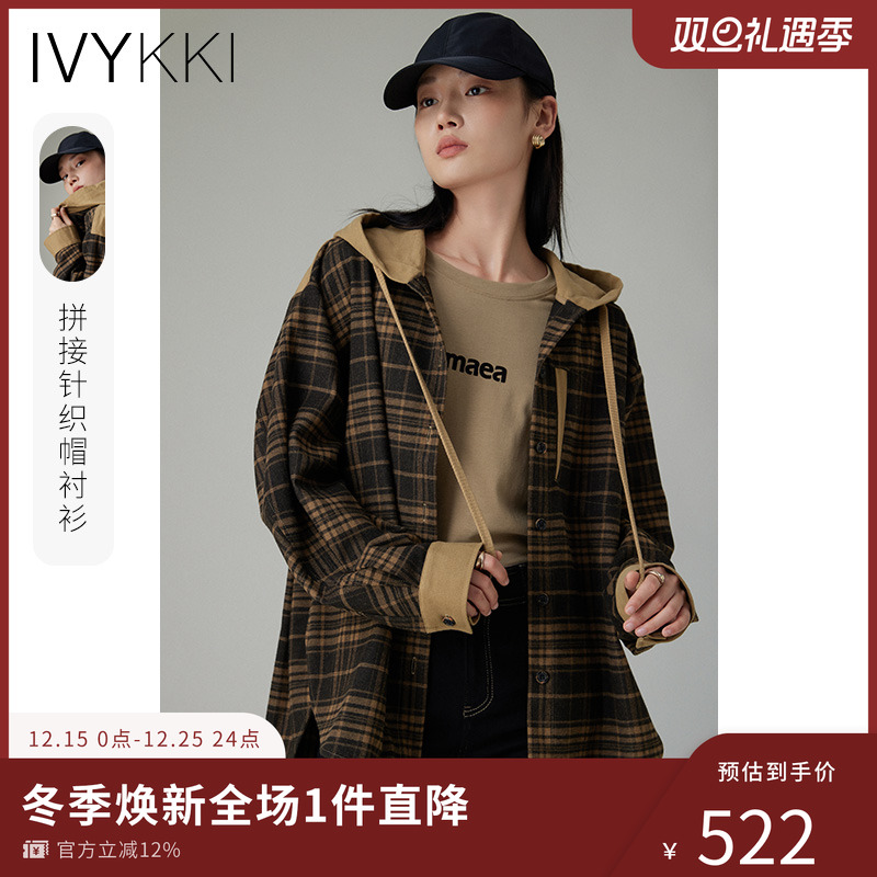 ivykki宽松复古长袖格纹衬衫外套