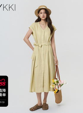 IVYKKI艾维亚麻连衣裙2026新款夏收腰A字裙子短袖V领中长款裙显瘦