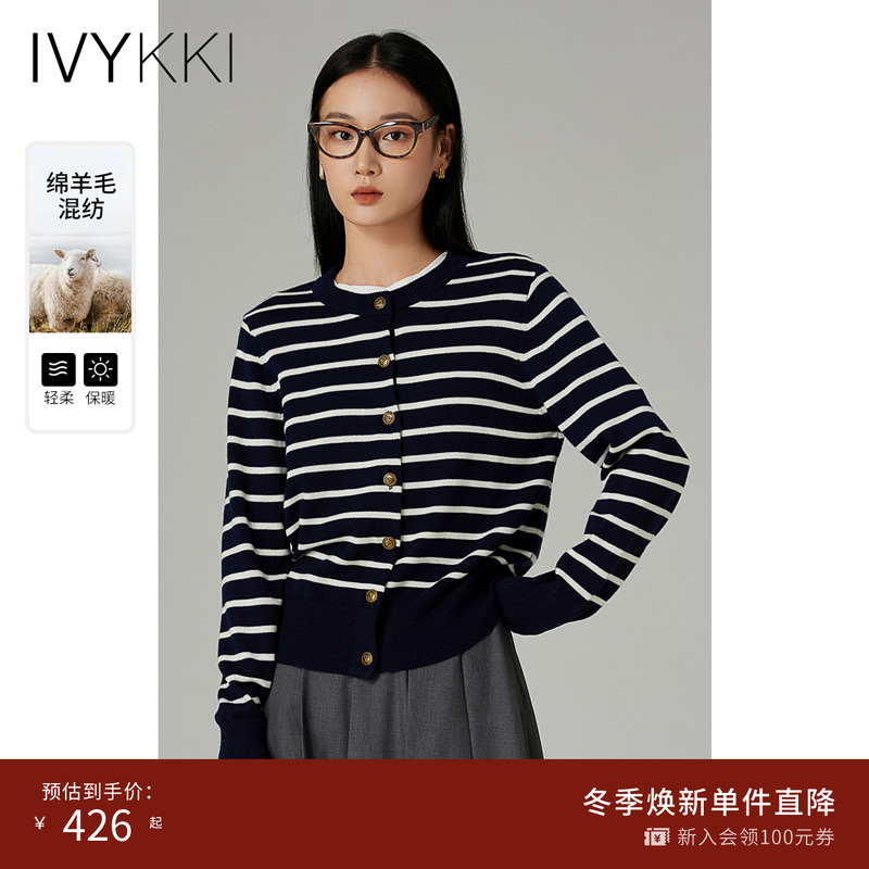 条纹毛针织衫ivykki圆领