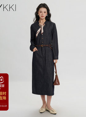 艾维亚麻丝巾领牛仔连衣裙中长款