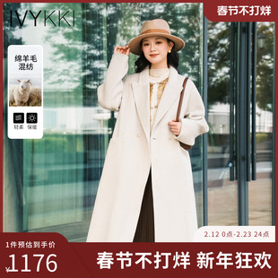 IVYKKI艾维绵羊毛双面呢大衣女2026新款外套女冬高级感纯色中长款