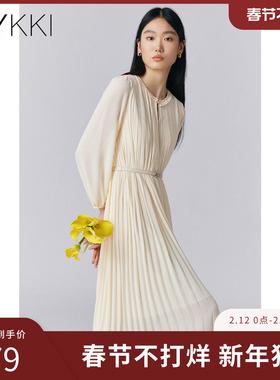 IVYKKI艾维2025年春季新款时尚百褶连衣裙女长袖气质法式优雅裙子