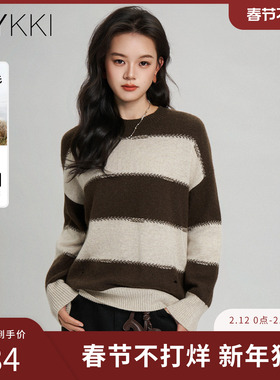 IVYKKI艾维休闲宽条纹毛衣女2025秋冬套头针织衫复古显瘦内搭上衣