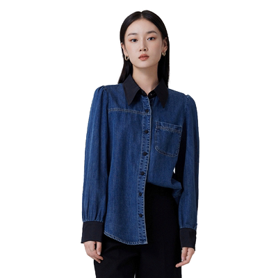 ivykki单排扣长袖撞色拼接衬衫