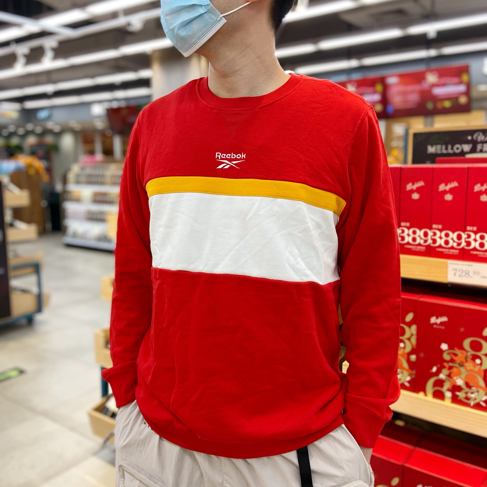 锐步Reebok新年五行白红刺绣小标男女圆领长袖运动套头卫衣GF3164