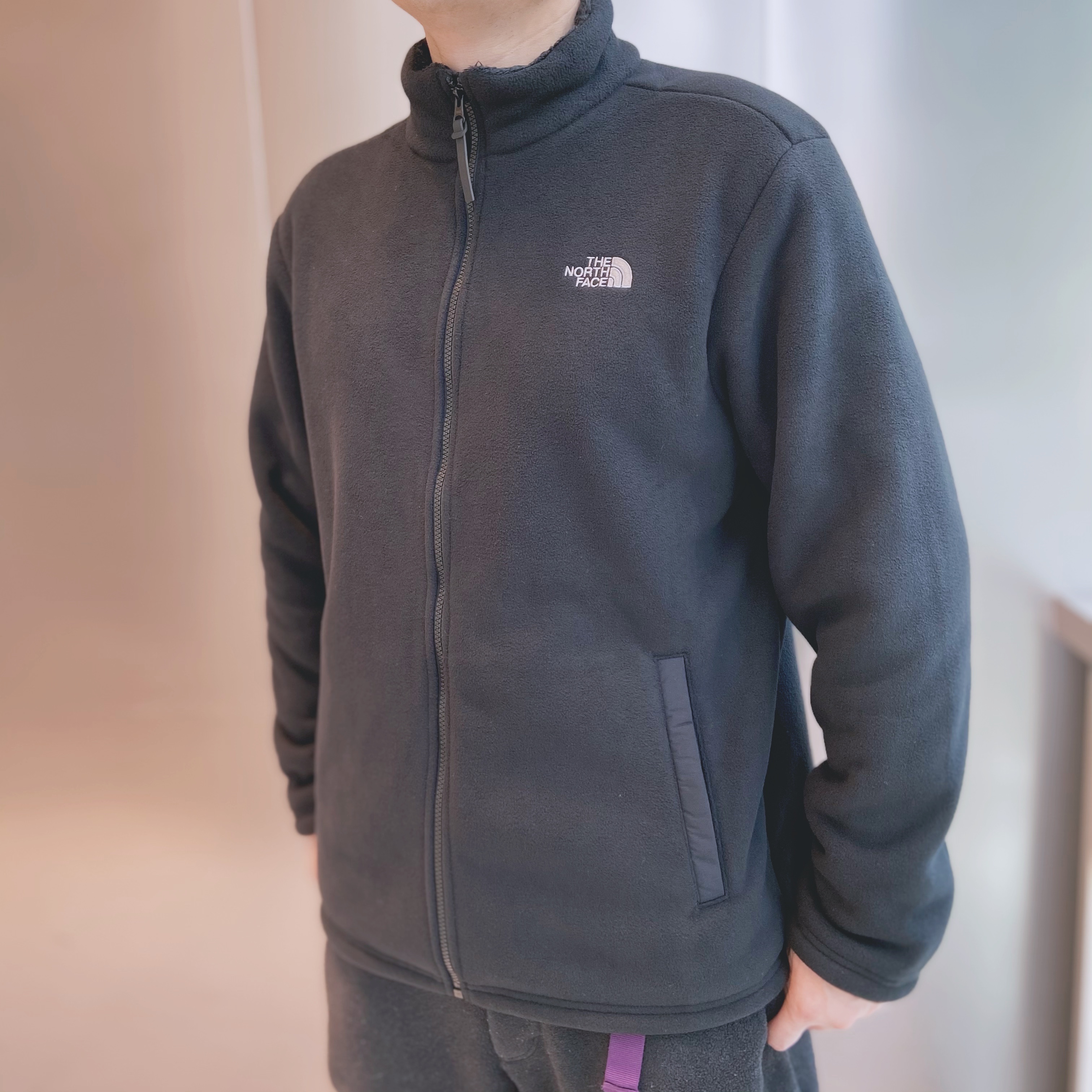 北面THE NORTH FACE 黑色白标刺绣小标抓绒开衫夹克外套 NJ4FM63A