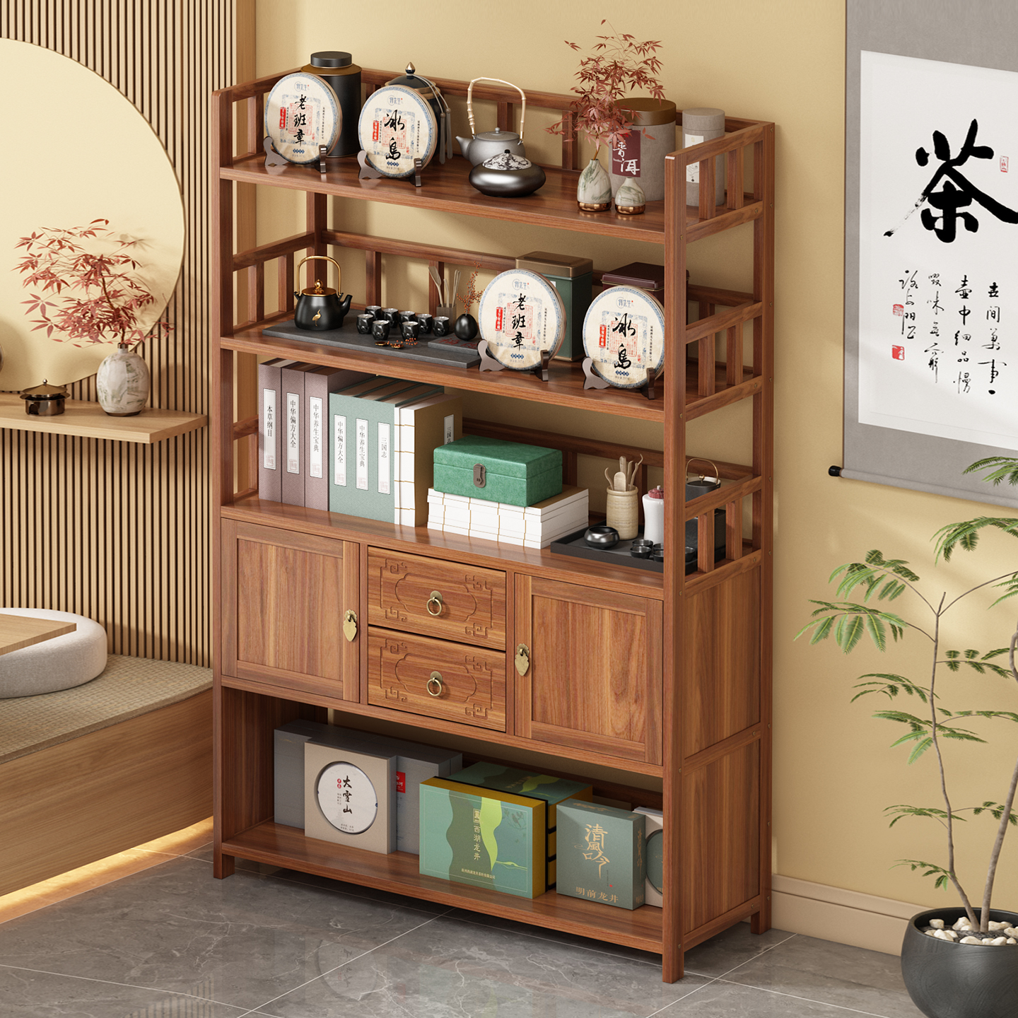 博古架实木新中式茶柜置物架办公室茶室茶水柜茶叶柜茶台桌茶边柜