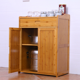 厨房置物架茶柜架实木竹组装 带门储物柜橱柜碗柜餐边柜餐具收纳柜
