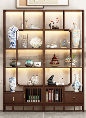 新中式博古架实木多宝阁展示柜茶叶隔断架子古董书架酒柜现代简约